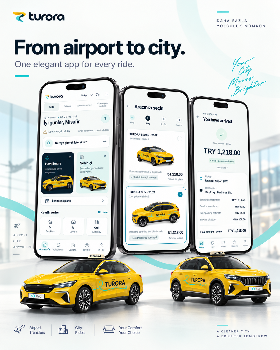 TURORA passenger app home, vehicle selection and receipt screens